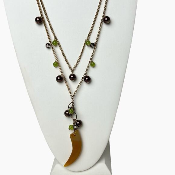 Necklace Horn Pendant Acrylic Brown Green Beads 2-Strand Chain Gold Tone Boho - Picture 8 of 11